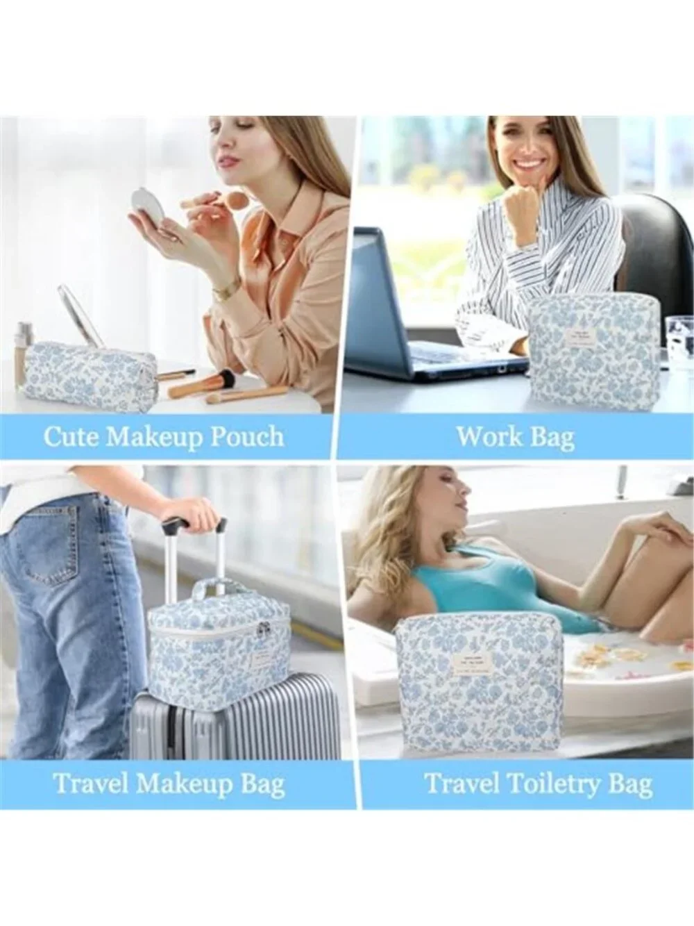 Quilted Floral Makeup Bag Set 3 Piece Cotton Travel Toiletry Organizer for Women